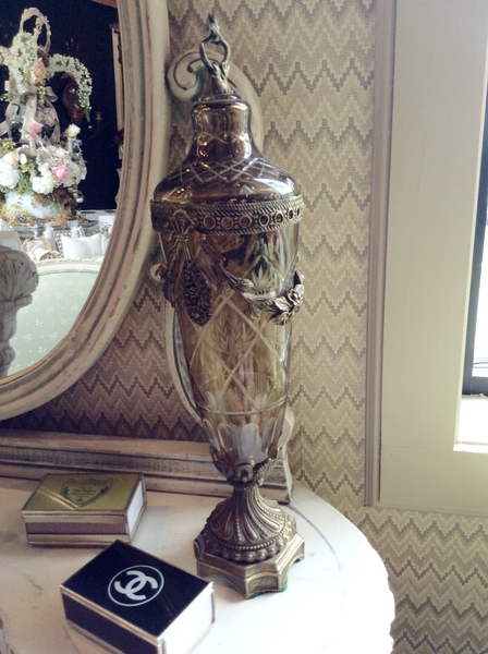 Vintage Sage Green Glass and Brass Urn