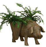 RUSTED IRON RESIN STANDING PIG WITH TWO MARKET BASKET PLANTERS