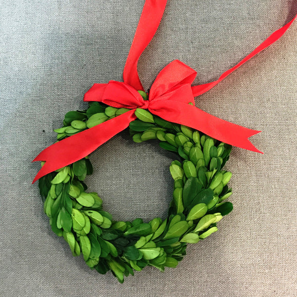 Real Preserved Boxwood Wreath with Red Ribbon 6"