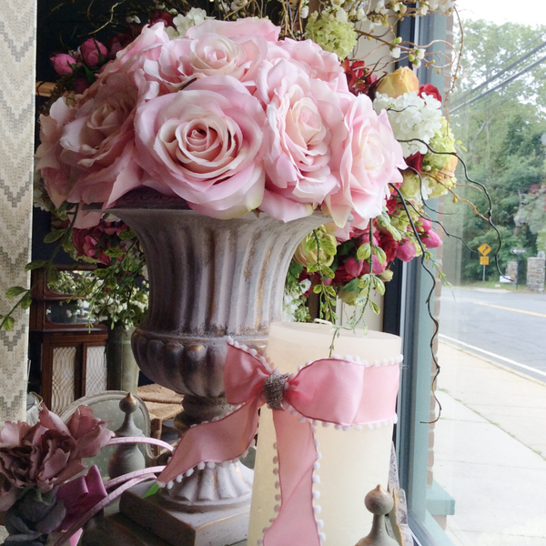 Floral Arrangement - Pink Roses in White Distressed Urn