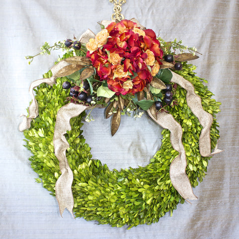 SK Collection Floral Wreath I Orange Hydrangea, Green Boxwood