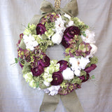 SK Collection Floral Wreath I Purple, White Hydrangea, Rustic Burlap Ribbon