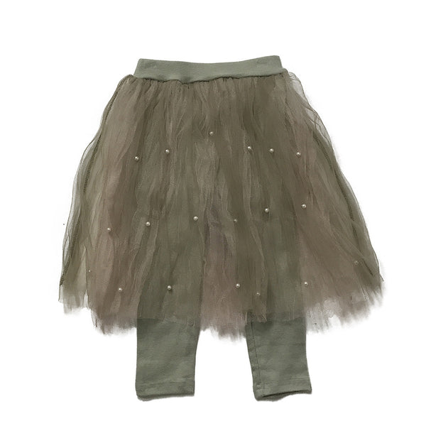 Pearl Studded Tulle Tutu Skirt and Leggings - Pink/Green