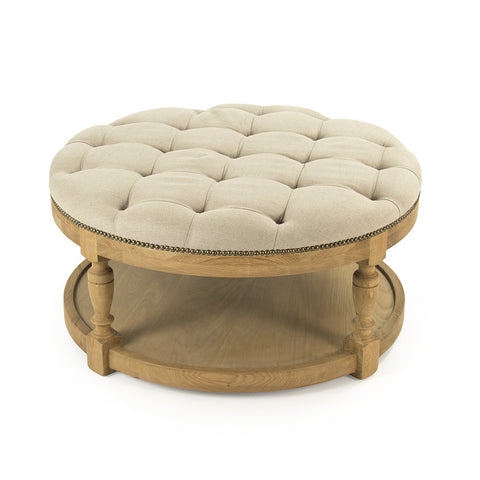 Tufted Linen & Wood Tammy Round Ottoman/Coffee Table