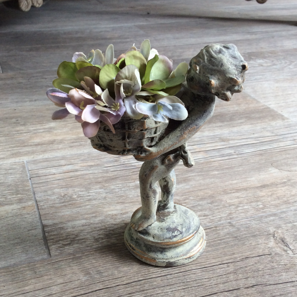 Antiqued Mini Cherub with Flower Basket