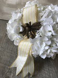 White Hydrangea Silk Floral Arrangement w/ Bee on Yellow Ribbon