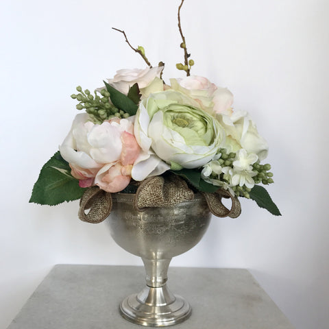 Artificial Pink & Green Flowers in Silver Goblet Floral Arrangement