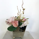 Artificial Pink & Green Flowers in Silver Box Floral Arrangement